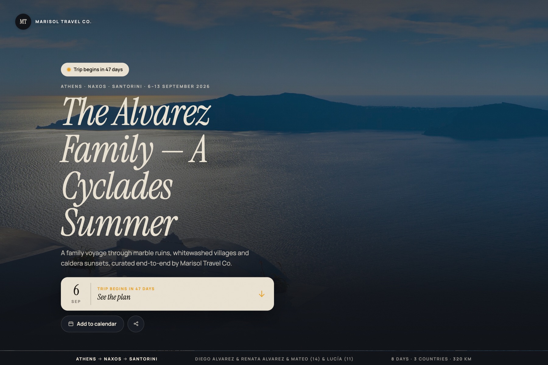 The traveller's living trip page — dark, cinematic, showing the journey and today's plan