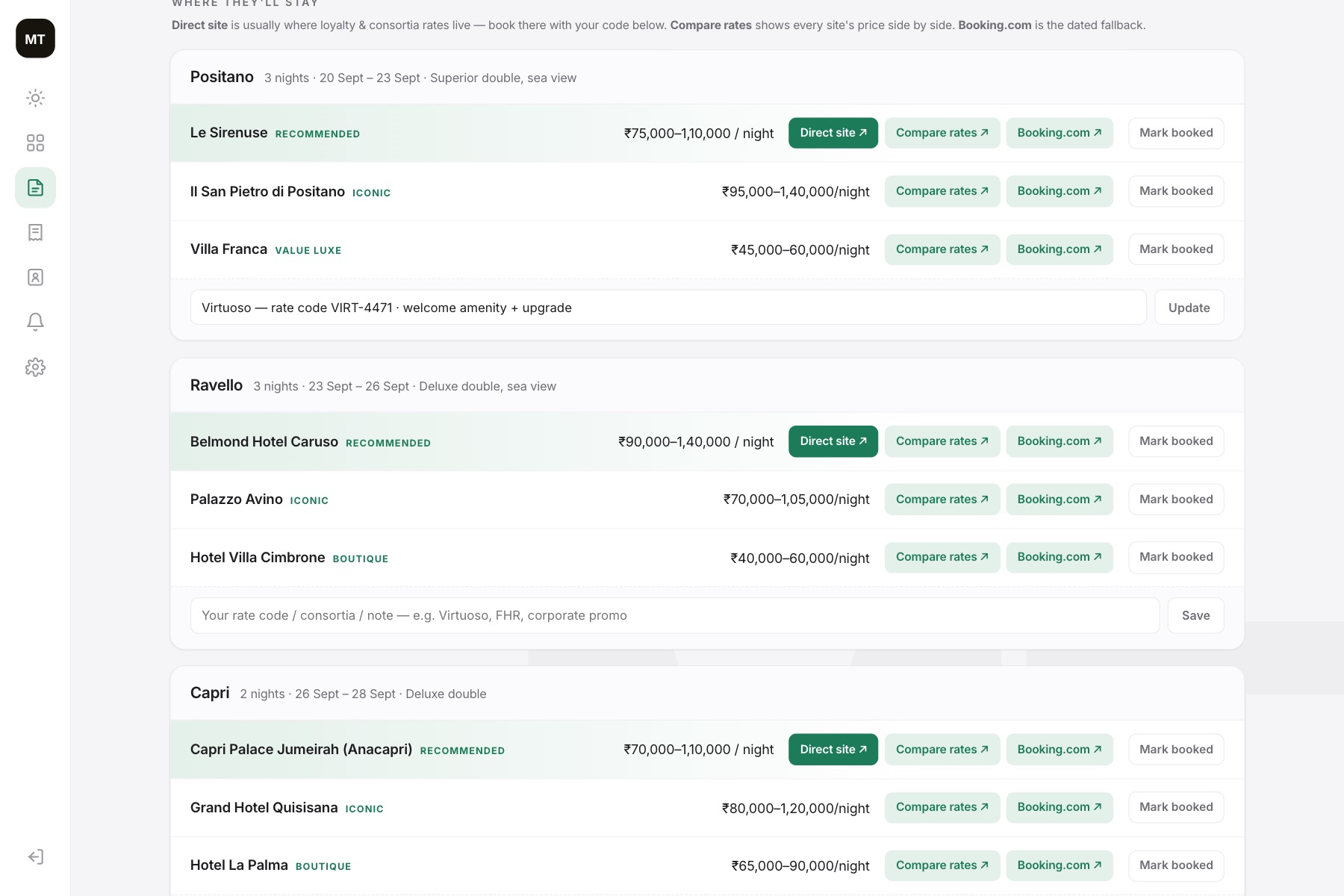 The booking desk: hotels with direct-site, compare-rates and Booking.com links, plus a Virtuoso rate code saved against the stay