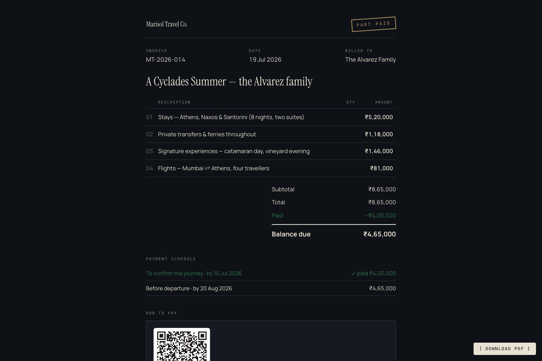 A branded invoice marked part-paid, with a payment schedule and a UPI QR code