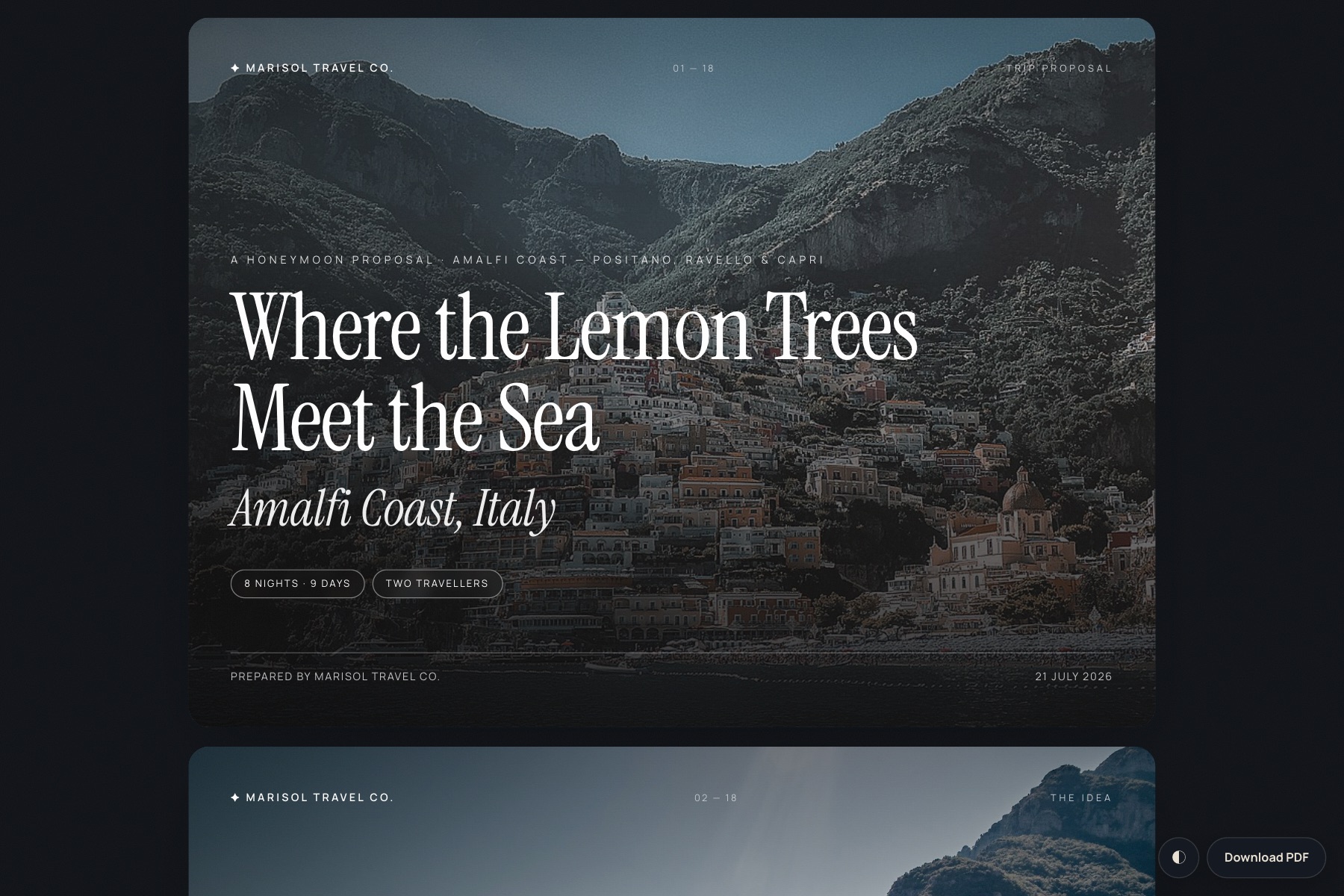 A proposal cover: Where the Lemon Trees Meet the Sea — a full-bleed Amalfi photograph with serif titling